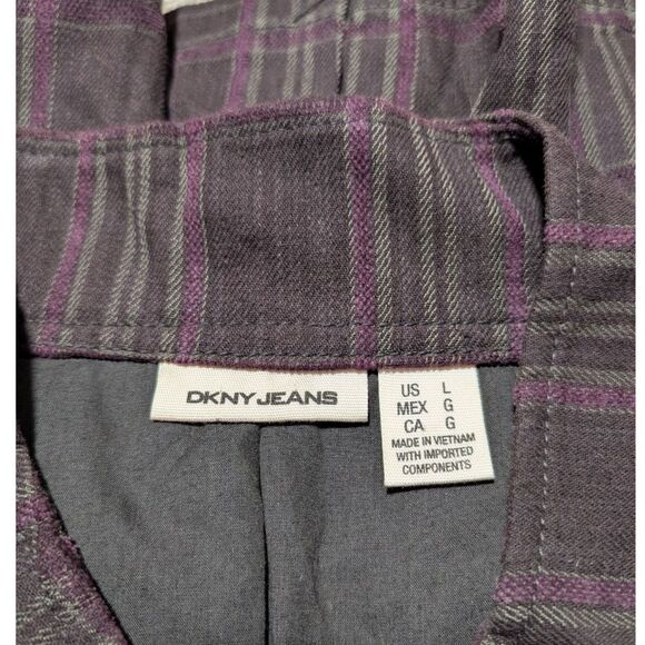 DKNY Jeans Women's Brown Purple Plaid Button Jacket Funnel Neck Fall Coat Large - Picture 13 of 14